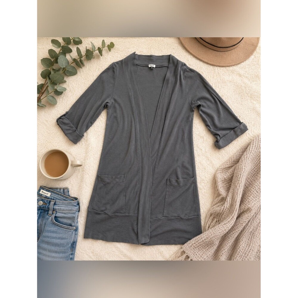 Splendid Gray Long Open Front Cardigan 3/4 Sleeve Patch Pockets Medium